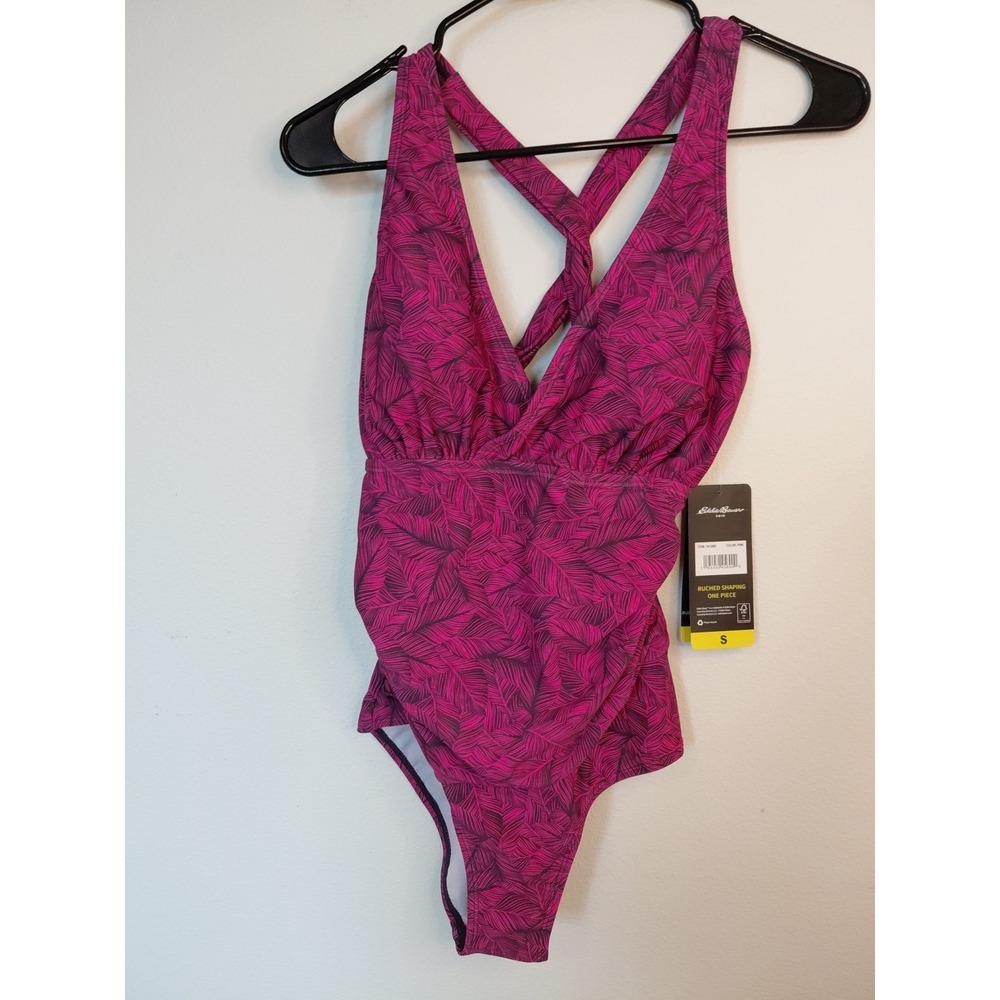 NWT EDDIE BAUER Women's Ruched Shaping One Piece Swimsuit Padded Lined Pink Sz S